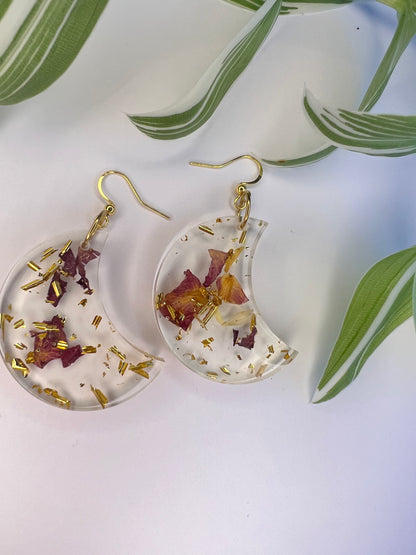 Boucles d’oreilles Lune, feuilles d’orties, rose et feuille d’or