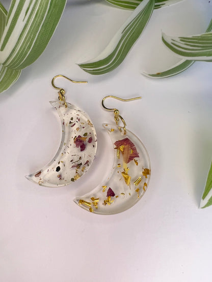 Boucles d’oreilles Lune, feuilles d’orties, rose et feuille d’or