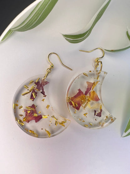 Boucles d’oreilles Lune, feuilles d’orties, rose et feuille d’or