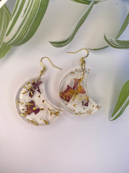 Boucles d’oreilles Lune, feuilles d’orties, rose et feuille d’or