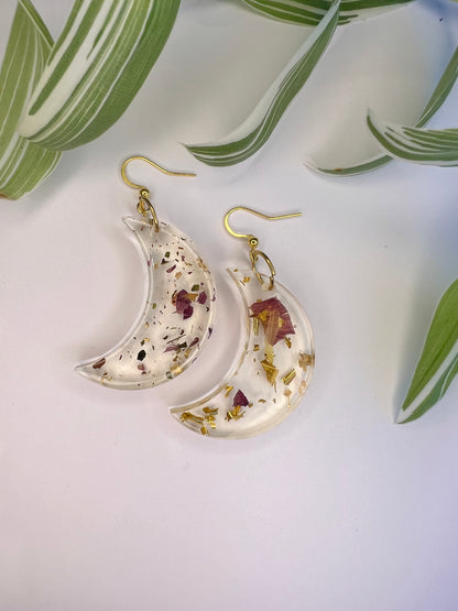 Boucles d’oreilles Lune, feuilles d’orties, rose et feuille d’or