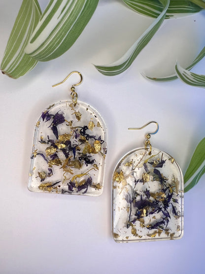 Boucles d’oreilles arche feuilles de mauves et feuille d’or