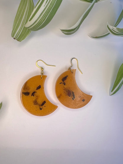 Boucles d’oreilles Lune, feuilles de rose et feuille d’or