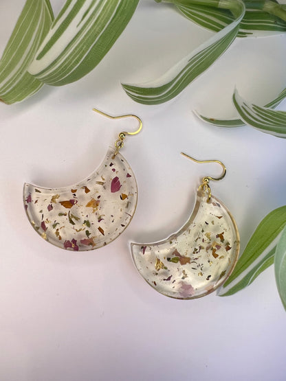 Boucles d’oreilles Lune, feuilles d’orties, rose et feuille d’or