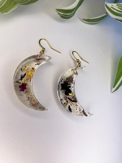 Boucles d’oreilles Lune, feuilles de mauves, rose et feuille d’or - LunaticShop