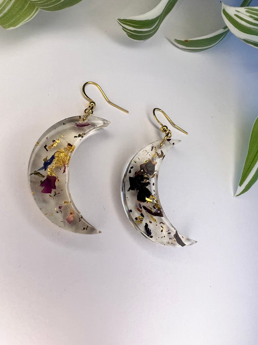 Boucles d’oreilles Lune, feuilles de mauves, rose et feuille d’or